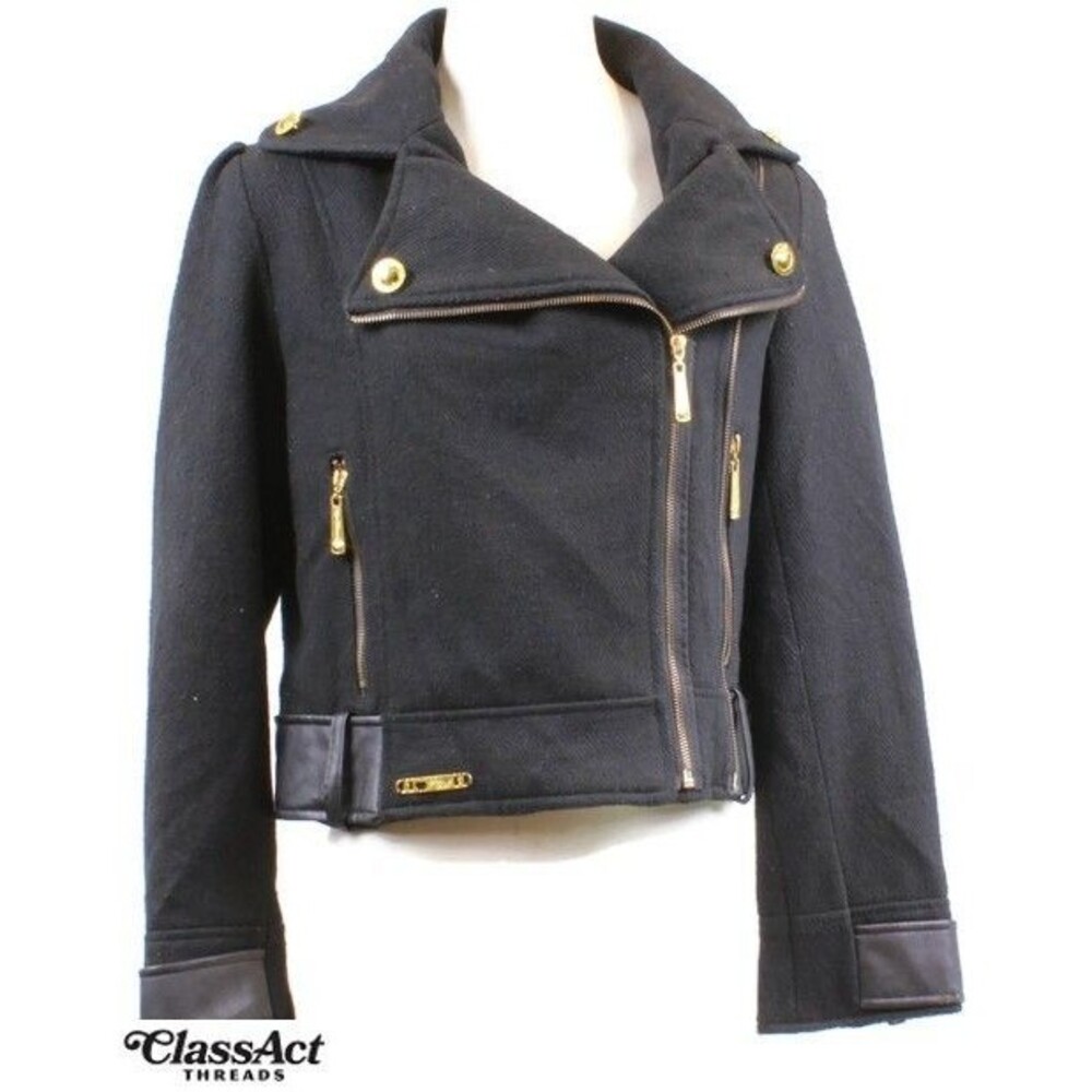 Apple Bottoms Wool Blend Black Jacket Gold Buttons Zip Up Sz M
